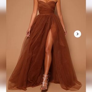 Elegant Brown Evening Gown With Added Hand Sewn Embelishments